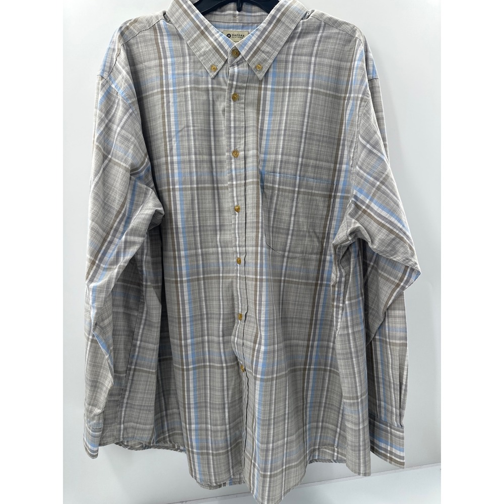 Haggar Clothing Mens XXL Grey Blue Plaid Button Down Long Sleeve Shirt Pocket